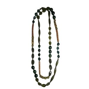 Vintage 29" Green & Brown Beaded Necklace - Hard Plastic & Wood Boho Jewelry